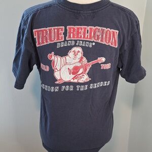 True Religion Vintage Style Buddha V-neck T-shirt / Blue / Medium